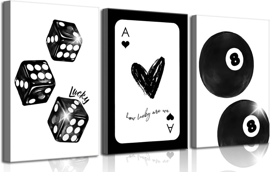 3Pcs Black and White Lucky Dice Canvas Wall Art Trendy Lucky 8 Ball Pictures Wall Decor Preppy Funky How Lucky are We Poker Posters Prints for Girls Bedroom Apartment Dorm 16x24in