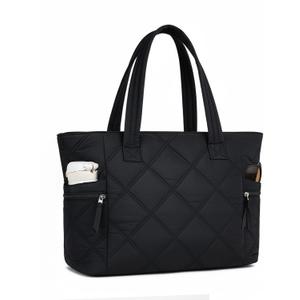 Prite Quilted Tote Bag for Women, Lightweight Puffer Tote with Zipper, Travel Work Nurse Gym Bag(Black)