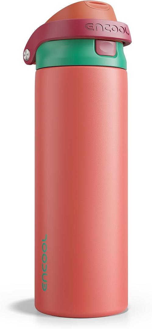 ENCOOL Leakproof Insulated Water Bottle with Straw Dual-Sip Water Bottle Bag-Safe Design for Work, Commute & Gym Keeps Drinks Cold All Day, 24 oz, Coral Red