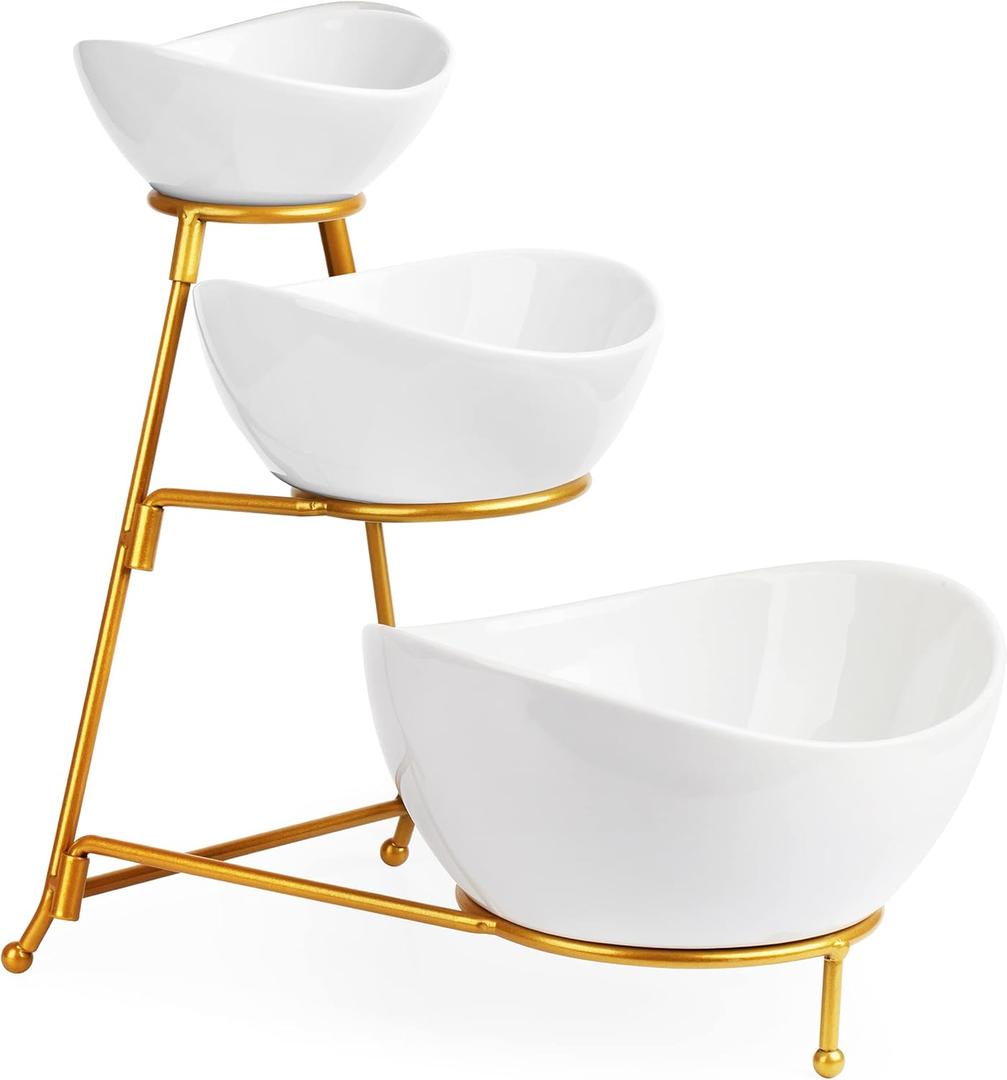 LAUCHUH 3 Tier Serving Stand Serving Dishes for Entertaining Porcelain Oval Fruit Bowl Set Tiered Serving Tray for Fruit, Vegetable, Nuts, Snack, Salad, Chip Dip Bowl Set for Valentine's Day, Gold