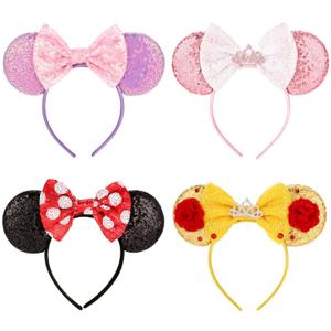 4Pcs Mouse Ears Headband for Women and Girls - Sequin Mouse Ears for Boys Girls Women,Glitter Bows Headband for Kids Adults Birthday Party Costume HalloweenGolden+pink+Purple+white dot