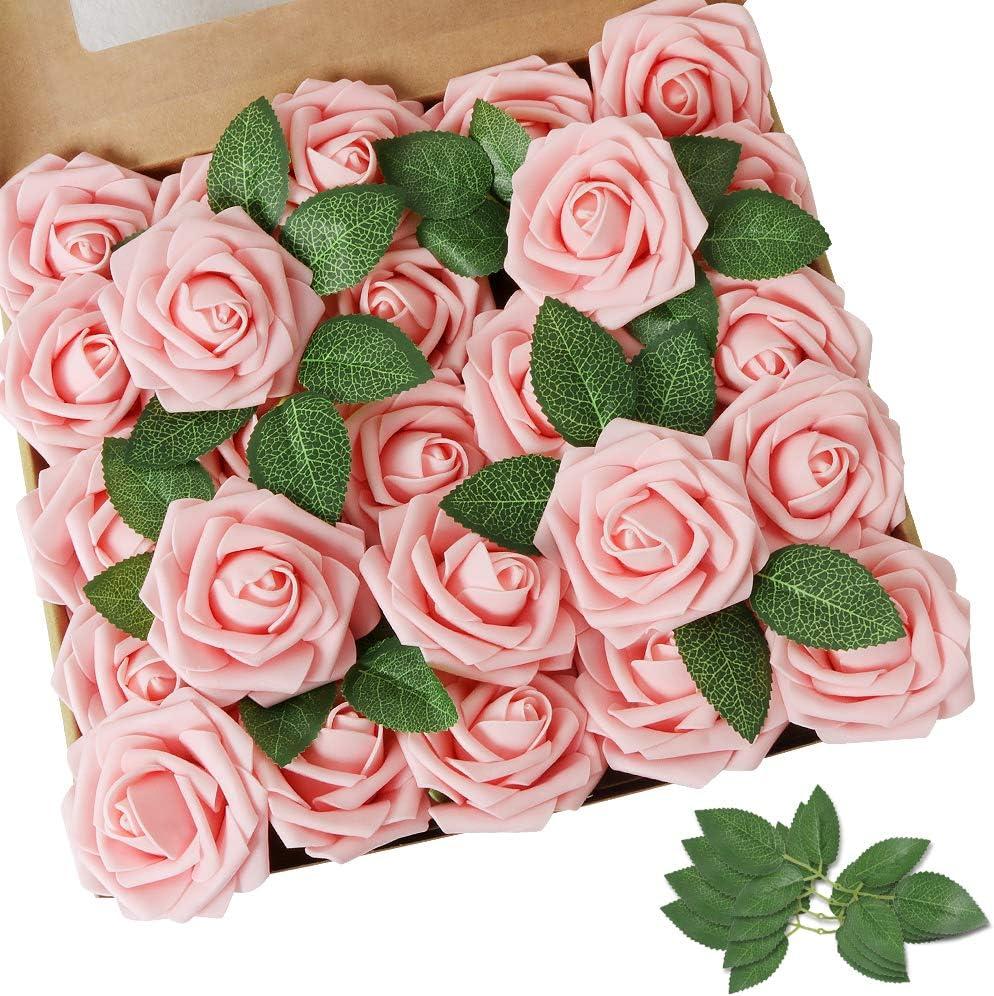 AmyHomie Artificial Flower 50pcs Real Looking Fake Roses w/Stem for DIY Wedding Bouquets Centerpieces Arrangements Party Baby Shower Valentines Day Christmas Tree Decorations (Pink)