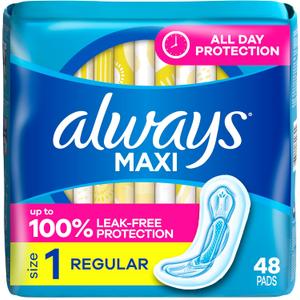 Always Maxi Feminine Pads Without Wings for Women, Size 1, Regular Absorbency, Unscented 48 Count