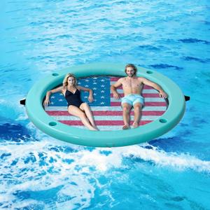 Sunchill Float Ring with 6 Cup Holders, Inflatable Water Hammock Heavy Duty Lake Floats for Adults Party, Round Floating Island Lounge Platform Raft for Tanning Pool River