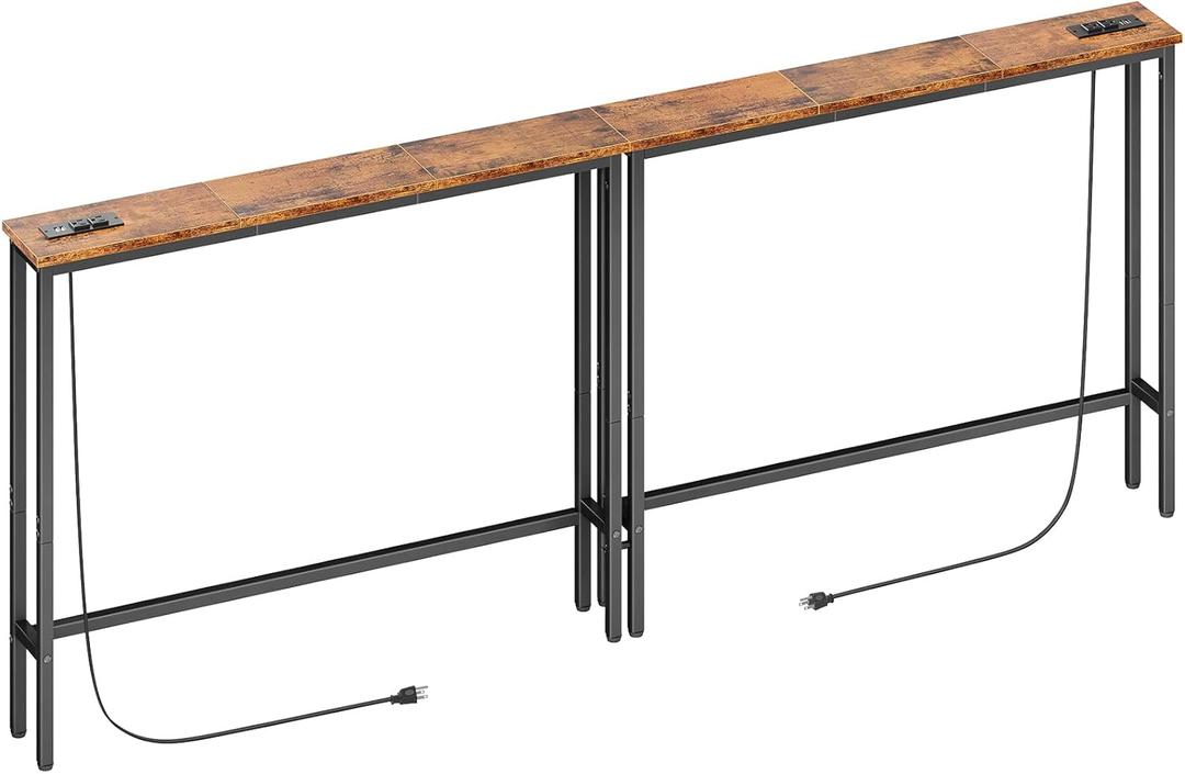 ELYKEN 2 Pack 5.9" Narrow Console Sofa Table with Power Outlets, Total 78.8 Long Behind Couch Table with Charge Station and 5.9 Extension Cord for Living Room, 5.9"D x 78.8W x 29.5H, Rustic Brown