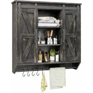 Trironsun Farmhouse Medicine Cabinet 2 Sliding Barn Doors 3 Tier Rustic Wood Wall Storage Cabinet Adjustable Shelf Towel Bar Wall Mounted Bathroom Wall Cabinet (30.71 Inch, Dark Rustic Oak)