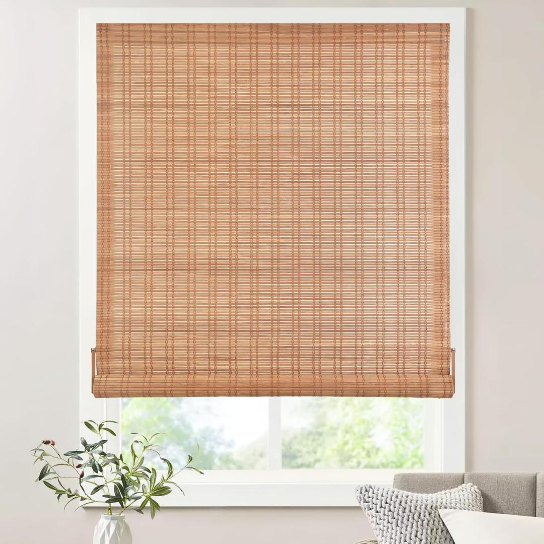 LazBlinds No Tools No Drill Bamboo Roller Shades, Cordless Bamboo Blinds, Light Filtering Roll Up Blinds for Windows, French Door, Porch or Patio, 33'' W x 64'' H, Ceylon Light Russet