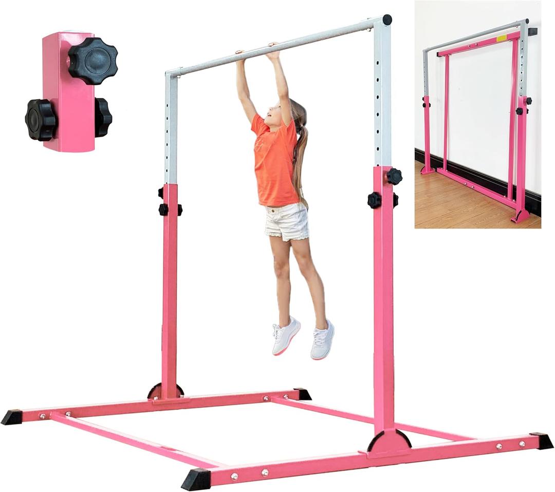 MARFULA Gymnastic Bar with 4 ft Inner Width 5 ft Adjust Height for Kids Kip Bar with 350 lbs Gymnastic Training Equipment for Kids 3-15 Years Home and Club Use (Pink)