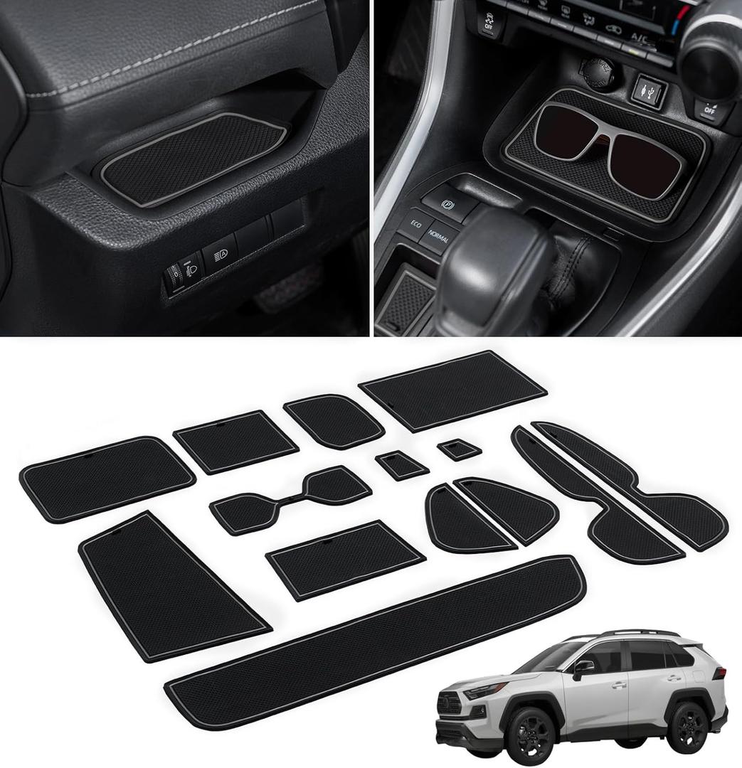 TOPINSTALL Several Colors Liners Compatible with 2019-2025 Toyota RAV4 and 2021-2025 RAV4 Prime, Anti Dust Cup Holder Insert, Premium Center Console Rubber Mat, Door Pocket Pad- 16PCS (Gray Trim)