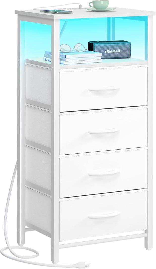 Yoobure Night Stand - LED White Nightstand with Charging Station, Bedside Table with 4 Storage Drawers and Storage Shelf, End Table with USB Ports and Outlets, Tall Dresser for Bedroom