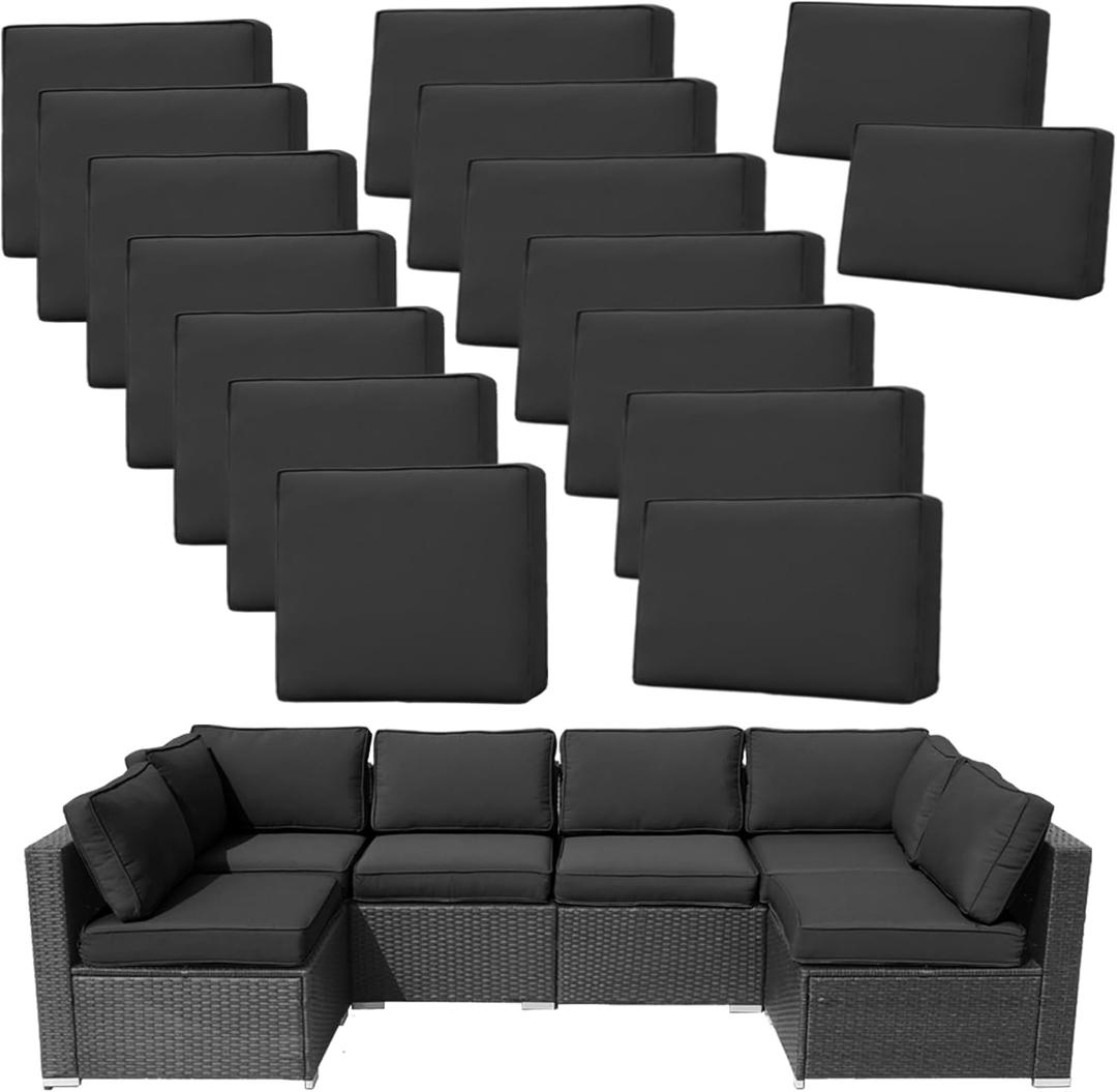 14Pieces Patio Cushion Covers Replacement,Outdoor Couch Cushions Covers Waterproof Furniture Cushion Covers Slipcovers Set with Zippers,Cover Only(Black,25.625.63.94inches)