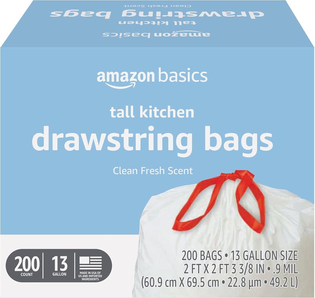 Amazon Basics Scented Trash Bags, Tall Kitchen Drawstring, Clean Fresh Scent, 13 Gallon, 200 Count, Pack of 1 Amazon Basics Scented Trash Bags, Tall Kitchen Drawstring, Clean Fresh Scent, 13 Gallon, 200 Count, Pack of 1