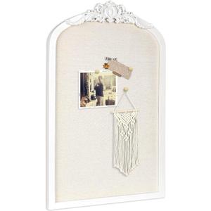 Bulletin Board with Linen, Vintage Arch Framed Pin Board – 15.7" x 24.8" White Cork Board for Walls, White Pine Wood Frame, Fabric Pinboard, Vision Board for School, Home & Office, 16" x 25"