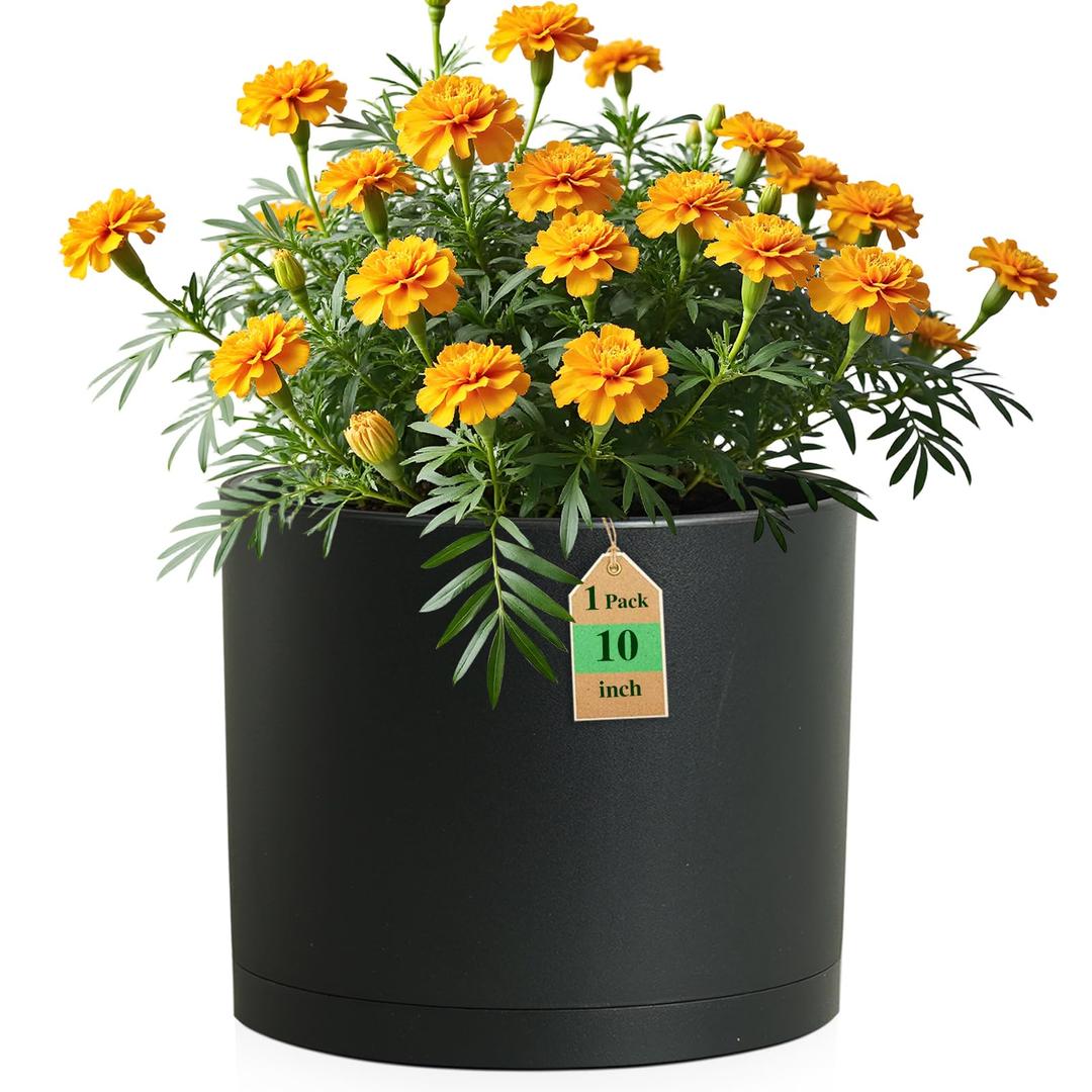 10 Inch Round Plastic Plant Pot with Drainage Holes and Saucer, Wide Flower Pots for Indoor & Outdoor Plants 7.9" Tall Modern Cylinder Planter Pot for House Plants and Home Decorative, Matte Black