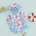 4th of July Toddler Baby Girl Swimsuit Patriotic Bow Swimwear Long Sleeve Zipper Rash Guard Ruffle Bathing Suit (Blue)