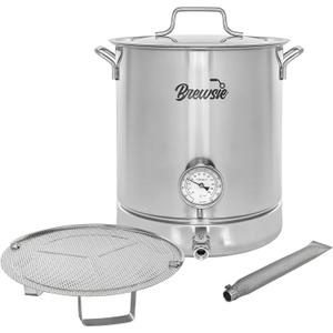 BREWSIE Stainless Steel Home Brew Kettle w/Dual Filtration. Equip with False Bottom Thermometer and Ball Valve for Brewing (10 Gal/ 40 Quart)