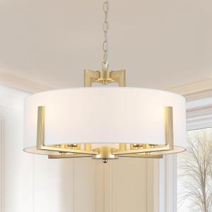 20'' Gold Drum Chandelier 8-Light Modern White Fabric Adjustable Large Farmhouse Pendant Light Fixtures for Dining Room, Stylish and Functional Chandeliers for Kitchen, Living Room, and Bedroom, Gold 