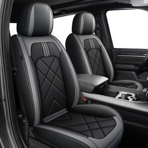 Seat Covers Full Set Fit for 2002-2024 2025 2026 Dodge Ram 1500/2500/3500 Crew Quad Regular Cab Full Coverage Waterproof Leather Seat Protectors for Trucks (Black & Gray, Curved Bench)