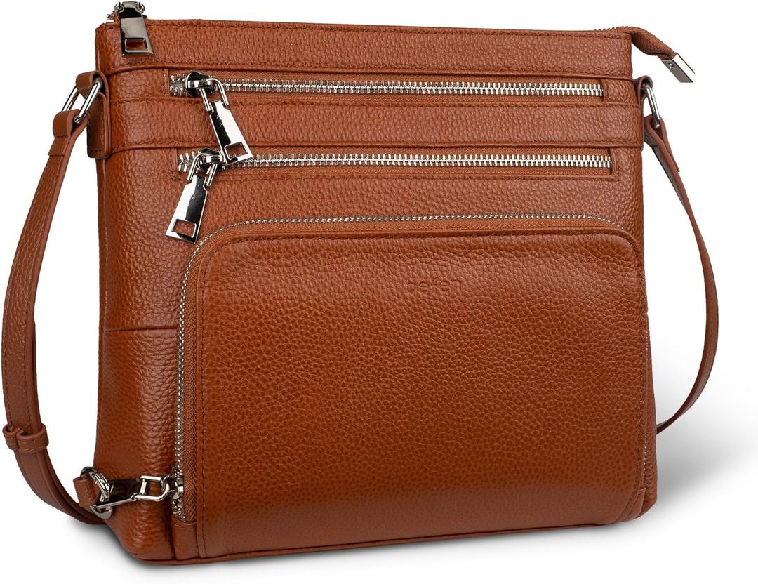 befen Genuine Leather Crossbody Bags for Women, Medium Anti-Theft Shoulder Purse with Built in RFID Wallet for Travel (Cognac Brown)