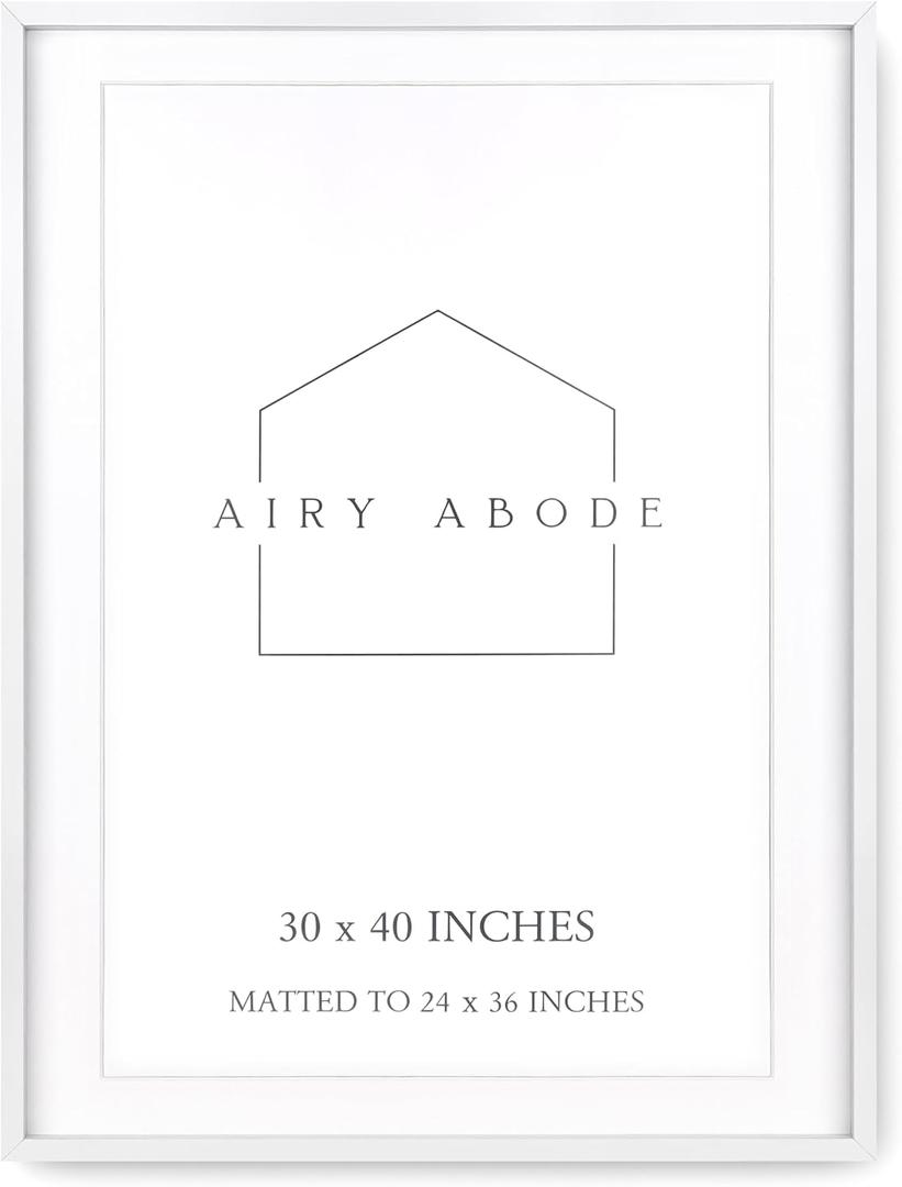 Airy Abode Premium White Wood Picture Frame 30x40 Matted to 24x36 - Pick Your Size and Color