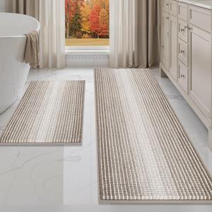 Bathroom Rugs and Mats Sets, 2 Piece Thick Absorbent Chenille Bath Mat Rug Set Non Slip, Soft Shaggy Bath Room Floor Mats for Bathroom, Machine Washable (Light Taupe, 20" x 60" Plus 20" x 32")