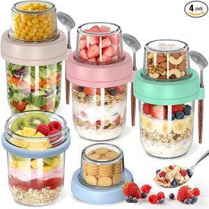 4 Pack Overnight Oats Containers with Lids and Spoons, 20 oz (16+4) Overnight Oats Jars with Dry and Wet Separation for Oatmeal Cereal Fruit Salad Yogurt, DualLayer Yogurt Containers with Lids