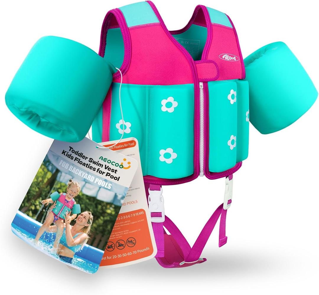 Kids Pool Floaties 1-2-3-5-7-9 Years Old, Toddler Swim Vest 20-30-50-70 Pounds, Comfortable Extended Wear Kids Float Jacket with Crotch Strap, Bright Design and Unpadded Sides for Comfort (PINK)