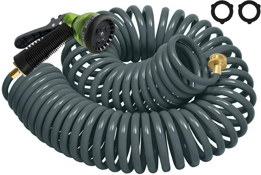 Coil Hose 25FT EVA Coil Garden Hose With 3/4'' Brass Connector Coiled Water Hose Lightweight And No Kink Includes 7 Patterns Spray Nozzle For Outdoors Lawn Watering Car Washing (Gray)