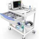 Bravique 2-Tier Rolling Utility Cart with XL Divided Drawer, Workstation Cart with Quiet Lockable Wheels, Adjustable Side Cup/Bin, 400 lb Capacity, White