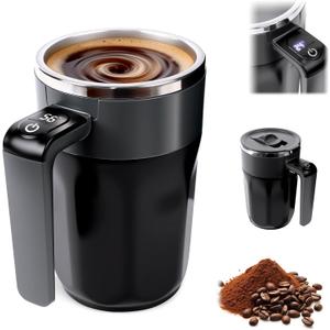 Automatic Stirring Coffee Cup with Temperature Display, Rechargeable Coffee Mug, Self-Stirring Mug with Lid, Smart Mixing Cup for Coffee, Milk and Other Beverages (Black)