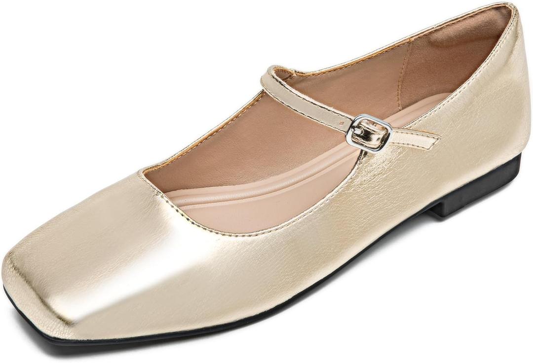 WONDERWAY Women Mary Jane Shoes,Slip On Ankle Strap Dress Flat Shoes (9, Gold)