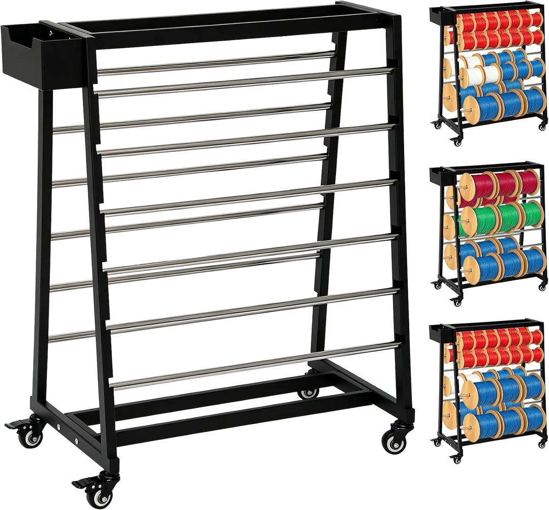 Wire Spool Rack Heavy-Duty Cable Organizer, 12-Rods Cord Reel with Locking Wheels, 400lb Capacity Cable Caddy & Dispenser for Electrical, Industrial & Retail Use