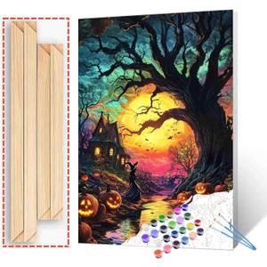Tucocoo Halloween Spooky Scenery Paint by Number Kit 16 x 20 inch Canvas Full Moon Pumpkins DIY Oil Painting for Adults Beginner with Brushes and Acrylic Pigment-Witch's Night(DIY Frame)