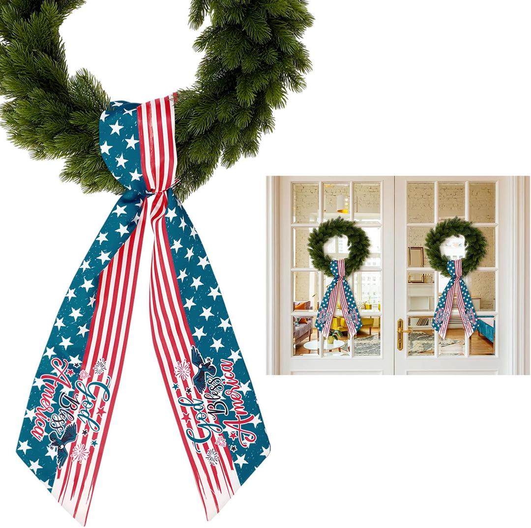 3 x 2 Pcs 4th of July Sash for Wreath 250th Anniversary Patriotic Front Door Decor Reversible USA Sash Wreath Independence Day Memorial Day Accessories for Outdoor Home Party Garland(God Bless)