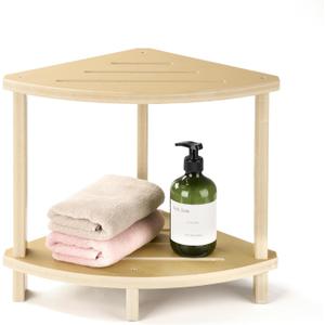 Corner Shower Stool for Inside Shower, 17in Shower Foot Rest for Shaving Legs with Storage Shelf 2-Tier, Waterproof Bath Stool Bench for Small Spaces Bathroom Seat