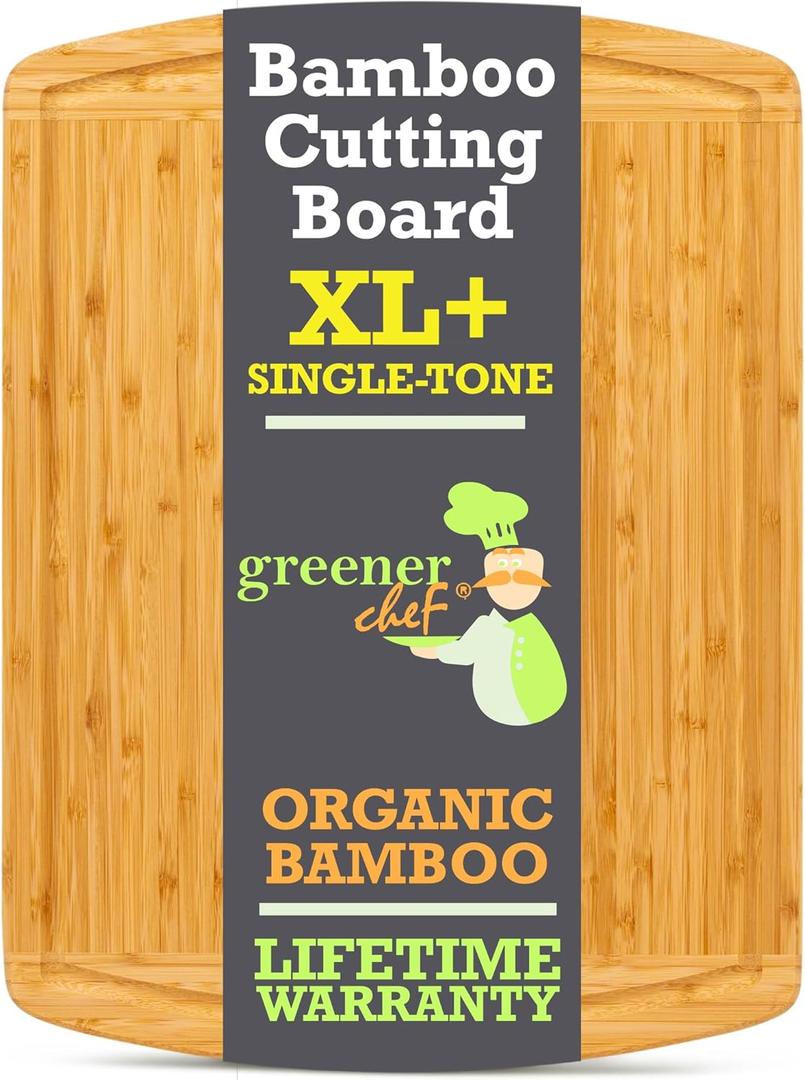 GREENER CHEF 20 Inch XL+ Organic Bamboo Cutting Board - Extra Large Butcher Block for Kitchen, Meat, Veggies, Charcuterie with Deep Juice Grooves & Lifetime Replacements (Single-Tone)