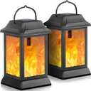 TomCare Solar Lights Metal Flickering Flame Solar Lantern Outdoor Hanging Lanterns Decorative Lighting Heavy Duty Solar Powered Waterproof Umbrella Lighting for Garden Yard Patio Deck, 2 PackBlack