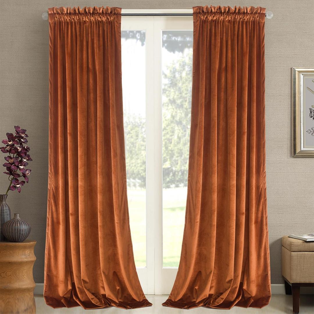 Roslynwood Velvet Orange Curtain 72 inch Length - Curtains Block Light Rod Pocket Thermal Insulated Window Drapes Set for Living Room/Bedroom/Dining Room, W52 x L72, 2 Panels