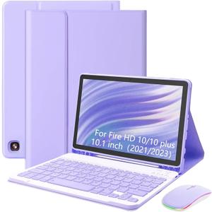Keyboard Case for Amazon Fire HD 10/10 Plus 2021/2023 10.1 inch (11/13th Gen), Rechargeable Detachable Keyboard with Type-C Charging Port Cover for Tablet (Lavender Purple)
