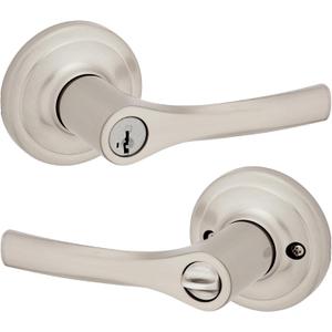 Kwikset Henley Entry Door Handle with Lock and Key, Secure Keyed Reversible Lever Exterior, For Front Entrance and Bedrooms, Satin Nickel, Pick Resistant Smartkey Rekey Security and Microban