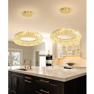 15.7'' Modern Crystal Chandelier Dimmable Ring Pendant Light Round Crystal Chandeliers for Living Room Dining Room Bedroom Gold