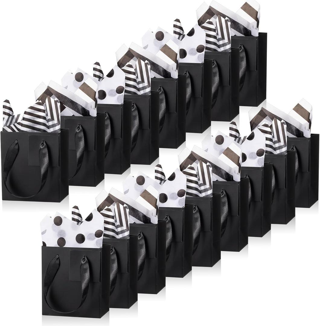 Tenare 12 Pcs Small Gift Bags Mini Paper Bags Bulk Tiny with Handle Tissue for Jewelry Gift Wrapping Happy Mother's Father's Day Birthday Graduation Party Supply(4 * 2.75 * 4.5inch,Black)
