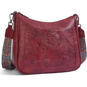 Crossbody Bags for Women,Vegan Leather Crossbody Purse with Adjustable Strap Embossed Flower Women's Shoulder Handbags (08-red)