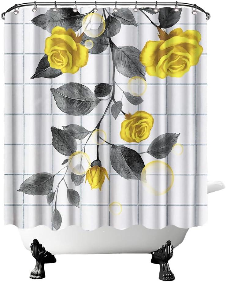 FuShvre Yellow Shower Curtains Yellow and Grey Flower Bathroom Curtain Set Rose Bathroom Decor Hooks Included 72"x72"