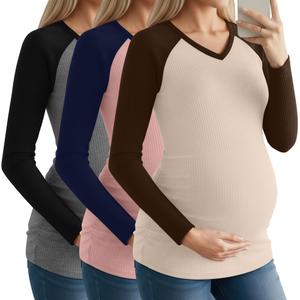 Velvelhall 3 Pack Women's Maternity Shirts, Stylish Colors, Small (S)