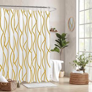 Biscaynebay Extra Long Textured Fabric Shower Curtain 72 Inch by 72 Inch, Gold Printed Striped Linen Modern Hotel Luxury Quality Cloth Bathroom Curtains Machine Washable