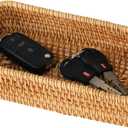 Small Rattan Serving Tray, Woven Rectangle Tray key Bowl for entryway, Natural Wicker Trays Key Bowl Decorative Baskets for Coffee Table, Kitchen, Bathroom