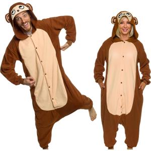 Funziez! Adult Onesie Halloween Costume Animal Dinosaur Shark Unisex Plush One Piece Cosplay Suit for Adults, Men and Women (Monkey)