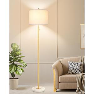 UpgradedDimmable Gold Floor Lamp for Living Room, 11W LED Bulb Included, Modern Standing Lamp with Marble Base, Tall Pole Light with White Linen Shade for Bedroom Reading Office Corner Nursery