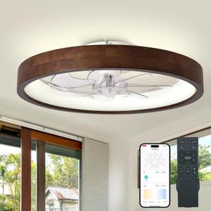 20” Ceiling Fans with Lights,3 Color Dimmable LED,6 Speeds,Reversible Modern Dark Wooden Flush Mount Low Profile Ceiling Fans with Lights and Remote for Bedroom/Kidsroom/Dinng Room